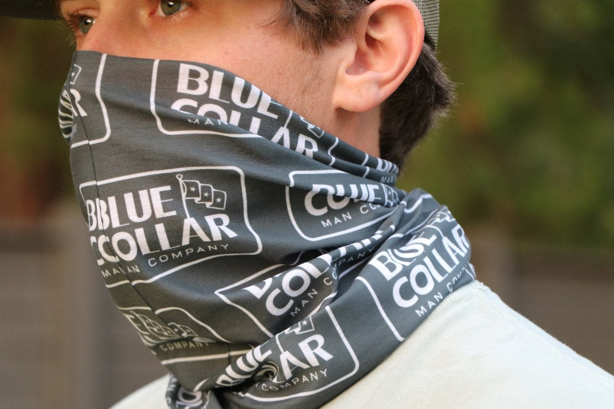 Blue collar man company neck gaiter grey