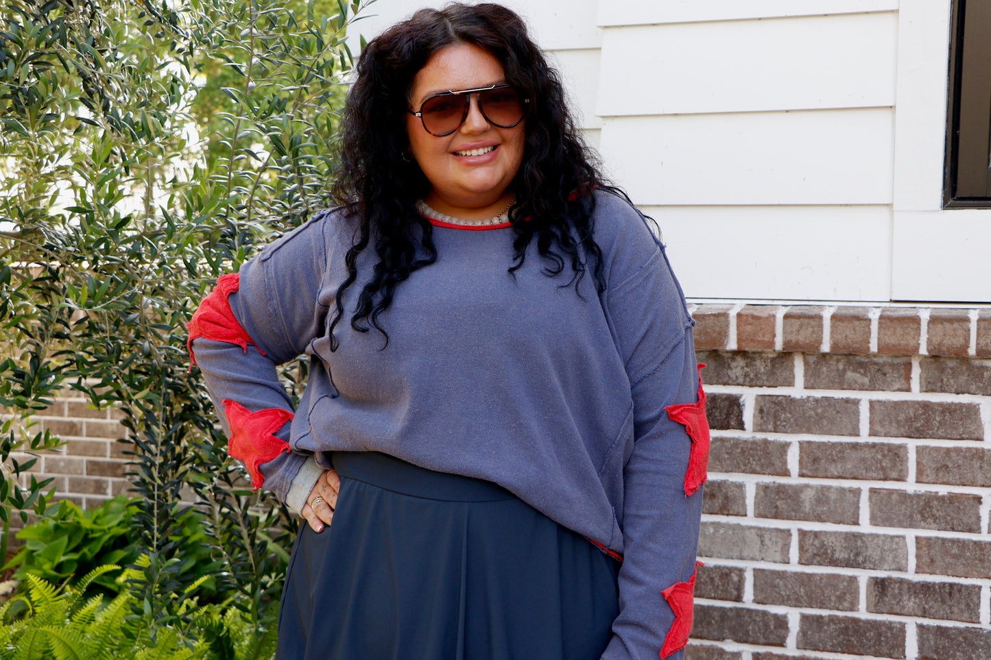 Plus Mineral Washed Star Embroidered Top