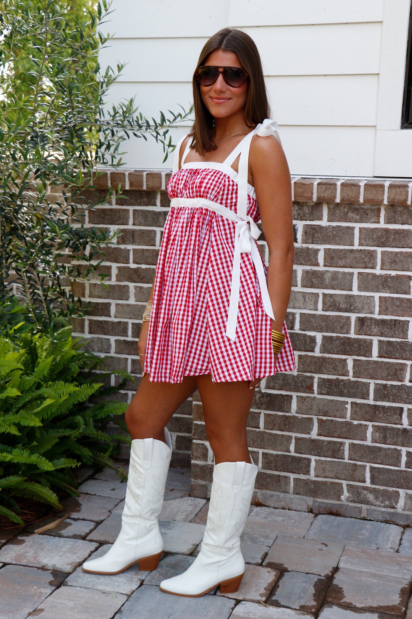Ribbon Tie Gingham Mini Dress